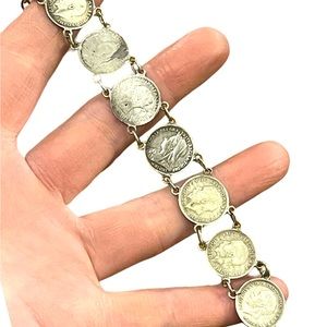 Antique Solid Silver Three Pence British Coin Bracelet 1930s   Queen Victoria